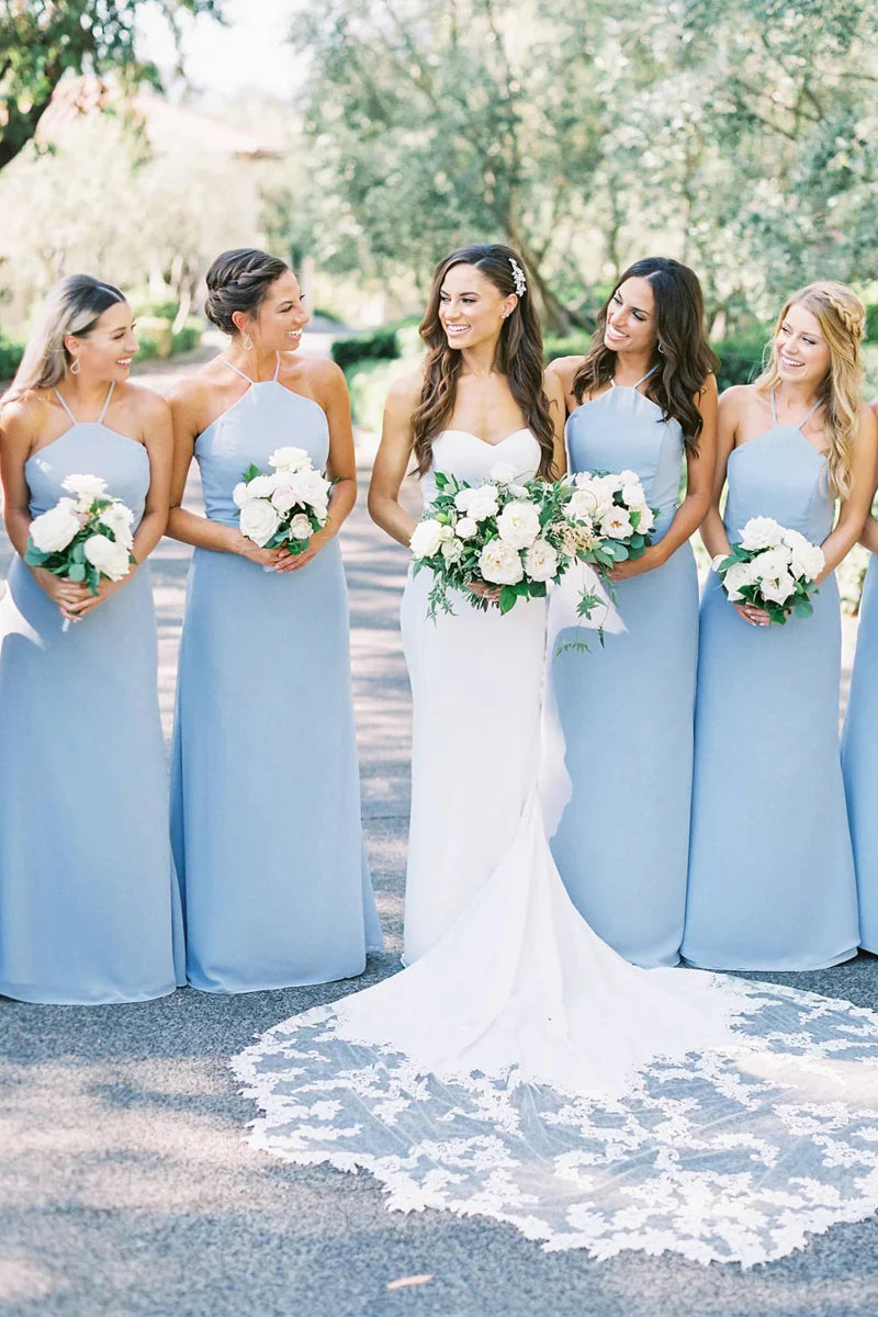 Vestido de novia para invitada/Vestido largo de dama de honor de gasa azul cielo con escote halter y corte en A/Vestido formal